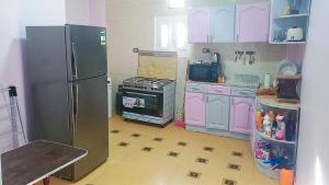 a kitchen with a stainless steel refrigerator and pink cabinets at Luxor Nile palace in Luxor