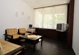 ein Wohnzimmer mit einem Sofa und einem TV in der Unterkunft Ferienwohnungen Chesa Clois 24 in Lenzerheide