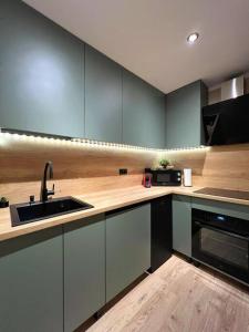 a kitchen with a sink and a microwave at Studio 7- A chic urban hideaway, 10min walk to city center in Timişoara