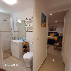 パライユ・ヴィエイユ・ポストにあるAppartement moderne à Paray-Vieille-Poste, 50m², avec terrasseのトイレ、洗面台、ベッドのあるバスルーム