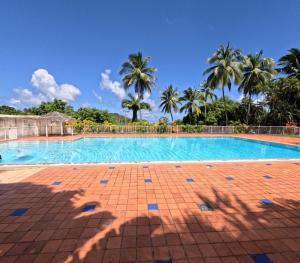 a swimming pool with palm trees in the background at Studio à Sainte-Marie Studio Calme-Bord de mer avec Piscine in Sainte-Marie