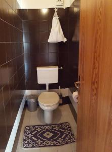 a bathroom with a toilet and a black tiled wall at Supermountainski Colfosco in Colfosco