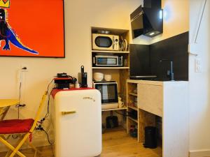 a small kitchen with a refrigerator and a microwave at Petite merveille in Vittel +6 photos