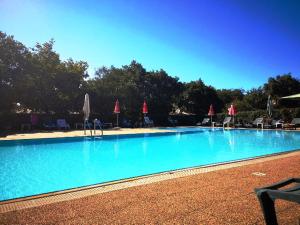 ein großer blauer Swimmingpool mit Stühlen und Sonnenschirmen in der Unterkunft Nuraghe Ruiu Piazzole campeggio Blue Holiday in Norbello + 46 Fotos