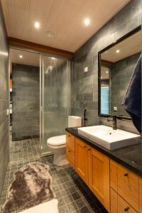 a bathroom with a sink and a toilet and a shower at ArcticFox Apartment in Rovaniemi +20 photos