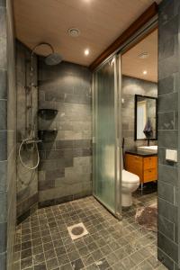 a bathroom with a shower and a toilet at ArcticFox Apartment in Rovaniemi