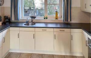 a kitchen with white cabinets and a sink at Ocean Front Home In Makkum With Sauna in Makkum