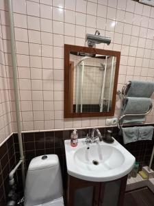 ein Badezimmer mit Waschbecken, Toilette und Spiegel in der Unterkunft Apartment Stepana Bandery Street in Riwne