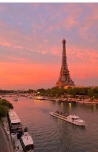 a view of the eiffel tower and a river with a boat at Place à quelques pas du Musée du Louvre au Centre de Paris in Paris