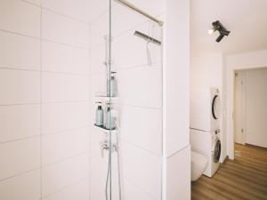 a shower with a glass door in a bathroom at TomsFlat BRAUNSCHWEIG - 3 ROOMS, KITCHEN, WORKSPACE, HIGHSPEED WIFI, WASHER & DRYER, BALCONY in Braunschweig