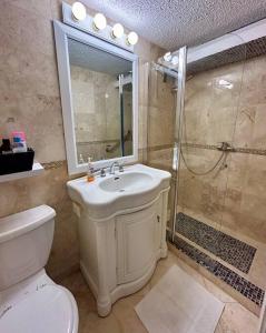 een badkamer met een toilet, een wastafel en een douche bij Le Cœur De Simpson Bay in Simpson Bay