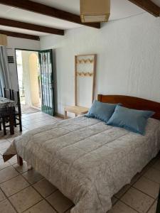 a bedroom with a large bed with blue pillows at El Cuartito in Federación