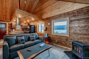 a living room with a couch and a stove at Lakeshore Lodging Cabins in Homer