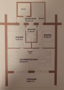 Půdorys ubytování Holztraum Chalet mit Sauna + 2 fotografie