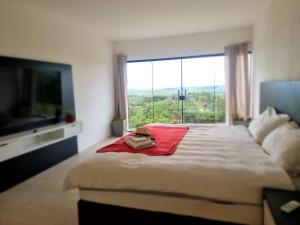 a bedroom with a large bed with a large window at Fazenda de Jehne in Camamu +52 photos