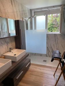 a bathroom with two sinks and a large mirror at Gîte le Beauchamp in Les Hautes-Rivières +8 photos