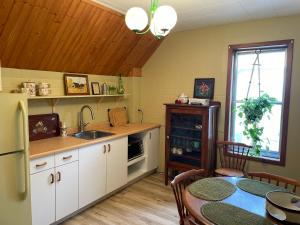 a kitchen with a table and a sink and a refrigerator at Big apartment by the Farmers market in Kitchener