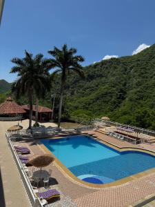 a swimming pool with chairs and umbrellas and palm trees at Montaña de Anapoima in Apulo