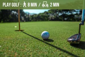 une balle de golf et un putter sur un parcours de golf dans l'établissement studio au coeur de la marina, à Puerto Aventuras