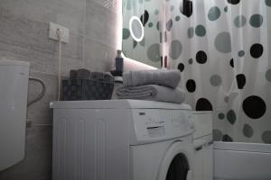 a laundry room with a washing machine and a mirror at Apartament Victorian Blue in Baia Mare