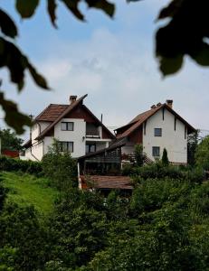 a house sitting on top of a green hill at Pension Stejeris in Braşov