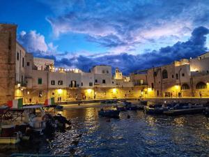 una città di notte con barche in acqua di Donna Fede a Monopoli