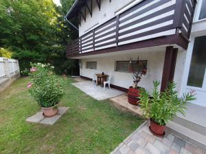 ein Haus mit zwei Topfpflanzen davor in der Unterkunft Apartments in Zamardi - Balaton 52987 in Zamárdi