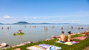 eine Gruppe von Menschen im Wasser an einem Strand in der Unterkunft Apartments in Zamardi - Balaton 52987 in Zamárdi