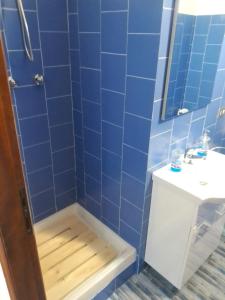 een blauw betegelde badkamer met een toilet en een wastafel bij da Paolone in Deiva Marina