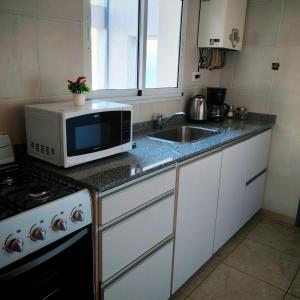 una cocina con microondas y fregadero en De cara al lago Bariloche U4, en San Carlos de Bariloche