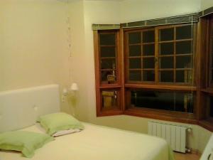 1 cama con 2 almohadas verdes en una habitación con ventana en Apartamento Solar do Centro - Gramado RS, en Gramado