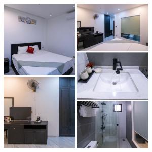 una habitación con una cama y un baño con lavabo en GOLDEN JOY HOTEL & APARTMENT, en Hai Phong