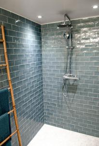 a blue tiled shower with a ladder in a bathroom at A l'ombre du letchi in Saint-Paul