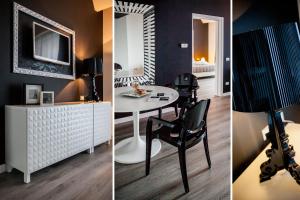 two pictures of a room with a table and a tv at Hotel Da Vinci in Milan