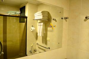 a bathroom with a shower with a mirror and towels at Pousada Constellation Lodge in Campos do Jordão +134 photos