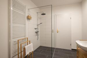 a glass shower in a bathroom with a sink at Leipzig Mitte - 2 Parkplätze - Koselig Apartments in Leipzig