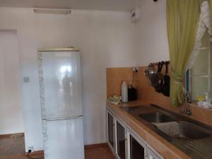 a kitchen with a white refrigerator and a sink at Baboo Apartment in Coteau Raffin +5 photos