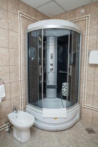 a bathroom with a shower with a toilet and a sink at Sin-Kom Hotel Garni in Pirot