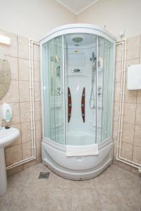a bathroom with a shower and a sink at Sin-Kom Hotel Garni in Pirot