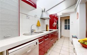 kuchnia ze zlewem i czerwonymi szafkami w obiekcie 2 Bedroom Gorgeous Home In Royan w mieście Royan