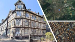 two pictures of an old building at HYGGE LIVING - Große hochwertige Apartments - hundefreundlich - Boxspringbetten - inmitten der Altstadt in Goslar