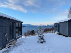 a house with a snow covered yard next to a tree at Northern Lights Haven in Ytre Tomasjord