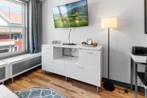 a white desk in a room with a window at Expedition Station 313 Next To Slopes And Bike Trails WiFi Village in Snowshoe