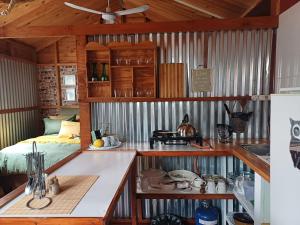 Una habitación con cocina y una cama en una habitación en Owl's Den 1, en Oudtshoorn