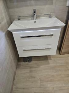 a white sink in a bathroom with wooden floors at Apartment Anton in Selce +6 photos