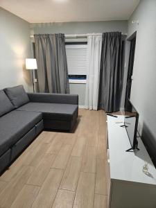 een woonkamer met een bank en een televisie bij Lagoon House in Santiago do Cacém