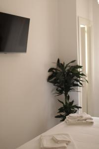 a bedroom with a plant in the corner of a room at Luna Nuova Gallipoli Comfort & Suites in Gallipoli +60 photos