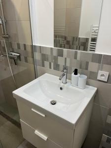 a bathroom with a white sink and a mirror at La Petite Bourgeoise in Croisilles