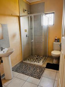 une salle de bains avec douche, toilettes et lavabo dans l'établissement Mnceba Mbotyi cottage, à Lusikisiki