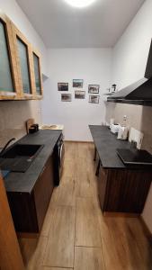 a kitchen with a black counter and a sink at Apartamenty Droga na Śnieżkę in Karpacz +5 photos